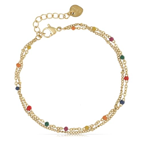 Made by Nami Dainty Gold Link Bracelets for Women Adjustable Double Layered Gold Chain Bracelet with Colorful Beads 7.5" + 2" Chain Extension - color: Colorful