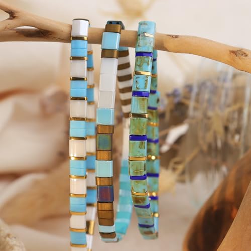Tila Flat Beaded Stretch Bracelets for Women, Trendy Unique Handmade Stackable Green Blue Square Beads Miyuk Link Bracelet Summer Jewelry Gift - color: Turquoise Blue Tan