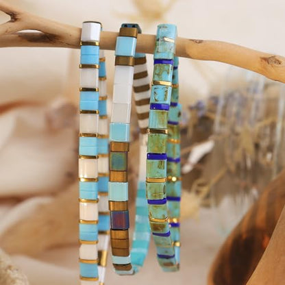 Tila Flat Beaded Stretch Bracelets for Women, Trendy Unique Handmade Stackable Green Blue Square Beads Miyuk Link Bracelet Summer Jewelry Gift - color: Turquoise Blue Tan