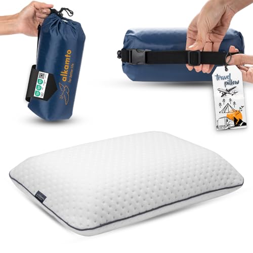 alkamto Travel & Camping Comfortable Memory Foam Pillow – Easy to Carry Portable Bag – Temperature Regulating Pillow Case (White) - size: White Travel