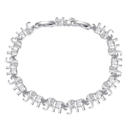 14K White/Yellow Gold Plated 4mm Cubic Zirconia Elephant Bracelet for Women Cute Animal CZ Link Chain Bracelet with Fold Over Clasp Jewelry Gift（6.5 Inch+1Inch） - color: White Gold Plated