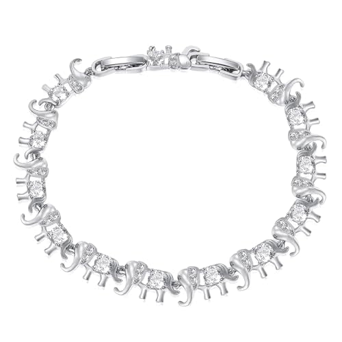 14K White/Yellow Gold Plated 4mm Cubic Zirconia Elephant Bracelet for Women Cute Animal CZ Link Chain Bracelet with Fold Over Clasp Jewelry Gift（6.5 Inch+1Inch） - color: White Gold Plated