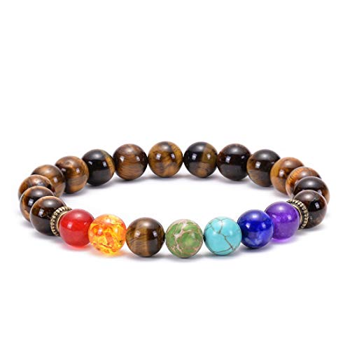 GelConnie Lava Rock Chakra Bracelet 7 Chakra 8mm Natural Stone Healing Bracelet Stress Relief Yoga Beads Anxiety Bracelet Aromatherapy Essential Oil Diffuser Bracelet Bangle - color: B-Tiger Eye Elastic