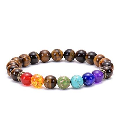 GelConnie Lava Rock Chakra Bracelet 7 Chakra 8mm Natural Stone Healing Bracelet Stress Relief Yoga Beads Anxiety Bracelet Aromatherapy Essential Oil Diffuser Bracelet Bangle - color: B-Tiger Eye Elastic