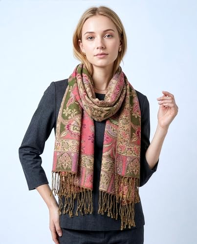 Achillea Elegant Paisley Floral Pashmina Shawl and Wrap – Boho Rave Scarf for Festival, Travel & Everyday Wear - color: Olive Rose