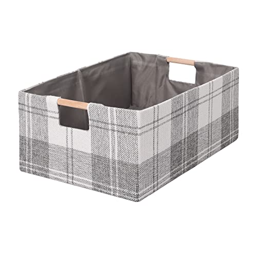 Fabric Storage Bin Box Collapsible Cotton Linen Storage Cube with Wooden Handles Rectangular Decorative Home Organizer Clothes Blanket Basket– Light Gray Plaid, Medium - color: Light Gray Plaid, size: Medium