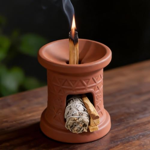 MOUGIGI 2 in 1 Incense Burner, Palo Santo Holder, Chiminea Smudging Bowl with Palo/Sage Storage Space, Handcrafted Ceramic, for Spiritual Meditation, Zen Altar and Home Décor, Perfect for Rituals - color: Palo Bowl With Storage-terracotta