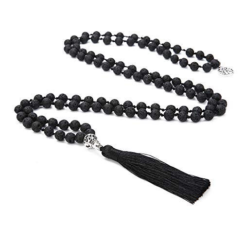 108 Mala Beads Necklace Semi-Precious Gem Stones Meditation Necklace 108 Hand Knotted Japa Mala Beaded Tassel Necklace with Tree of Life Pendant - color: Natural Lava Stone