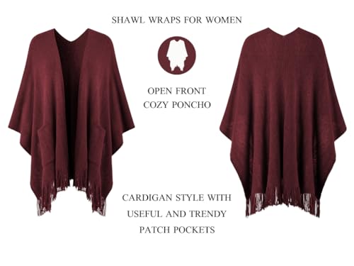Ferand Shawl Wraps for Women, Cozy Lightweight Poncho Cape with Pockets, Warm for Fall Winter Travel - color: Dark Red
