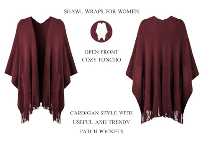 Ferand Shawl Wraps for Women, Cozy Lightweight Poncho Cape with Pockets, Warm for Fall Winter Travel - color: Dark Red