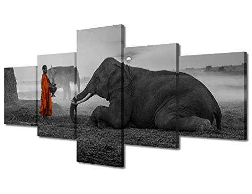 TUMOVO Black and White Wall Art Elephant Poster Prints on Canvas 5 Pieces Zen Buddhist Canvas Wall Decor Home Decoration for Living Room Office Bathroom Framed Ready to Hang (50''Wx 24''H) - color: Artwork-13, size: 50''Wx24''H