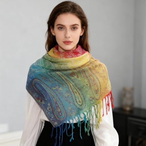 Rave Pashmina Scarf, Fashion Colorful Shawls and Wraps Soft Festival Scarves - color: D-white (Paisley Pattern)
