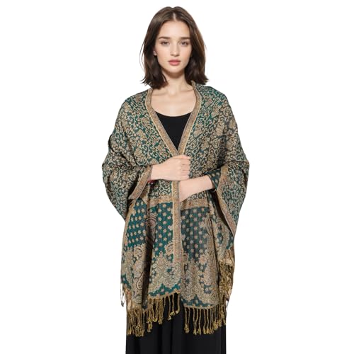 MUQU Women Pashmina Shawls and Wraps Scarf Soft Silky Reversible Paisley Scarves Shawl for Women - color: Green+orange