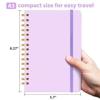 Lined Spiral Journal for Women, 160 Pages, Girls Notebook for Writing, A5 Travel Kid Diary with Pen Holder & Pen, Purple Hardcover, 5.7"x 8.27"