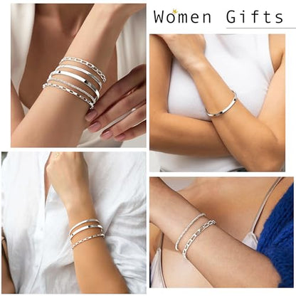 Dainty Gold Bracelet for Women Stack, Thin Bracelets Stackable Set with Bangle Cuff, Box, Herringbone, Paperclip, Figaro, Sparkling Link Chains Waterproof, Simple Jewelry Gifts for Women Non Tarnish - color: style 03-silver
