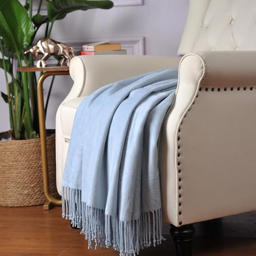 CUDDLE DREAMS Silk Throw Blanket with Hand-Knotted Fringe, Natural, Soft & Breathable (Blue) - color: Blue