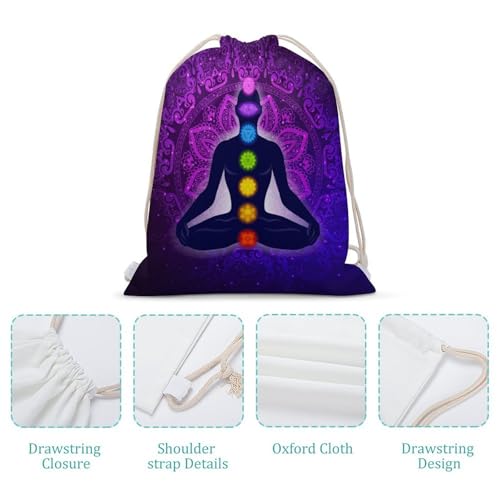 Seven Chakra Yoga Meditation Lotus Purple Mandala Portable Canvas Drawstring Backpack with Drawstring Pockets 30x40cm - color: Seven Chakra Yoga Meditation Lotus Purple Man, size: 30x40cm