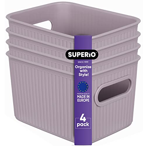Superio Ribbed Collection - Decorative Plastic Basket Open Home Storage Bins Organizer, Small Lilac Purple (4 Pack) Container Boxes for Organizing Closet Storage Bins for Shelves 1.5 Liter - size: 4 Pack, style: Bin - Small (1.5 Liter)