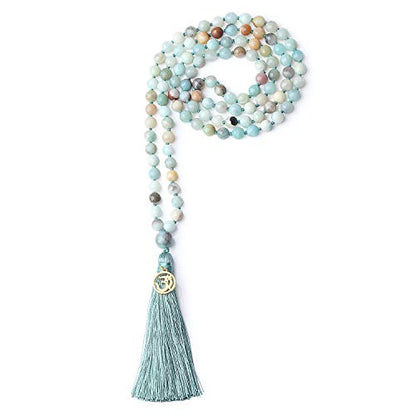 COAI OM Charm Hand Knotted Tassel 108 Mala Beads Necklace - color: Faceted Amazonite, size: 8mm