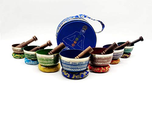 Nepal-Chakra Singing Bowl Set of 7 - Handcrafted Tibetan Sound Healing Bowls Gift Set Includes Carry Bag Seven Colors Cushion Mallet (7 Pcs)