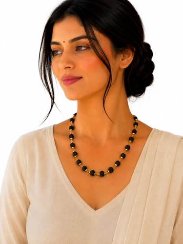 BRIJ HAAT Rudraksha Beads Mala, Golden Cap, Religious Prayer Necklace, Traditional Indian Jewelry - color: Black