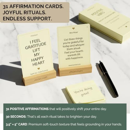 Positive Affirmation Cards with Wood Stand - 31 Daily Affirmation Cards for Women Paired with Joyful Rituals. Gifts for Friends, Birthday, Sisters and Self Care. Wooden Stand Included.