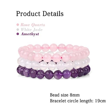 3 PCS Healing Crystal Bracelets for Women 8mm Natural Stone Beaded Stretch Bracelet Amethyst Jewelry Gifts - color: 01 8mm Rose Quartz