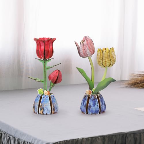 Jege 3D Flowers Wooden Puzzles for Adults,DIY Wooden 2 Flowers per Kit Building Set for Home Decor, Creative Craft Gift Toys Kits with 2 Perfume Bottles and Diffuser Sticks (Rose + Tulip) - color: Rose&tulip