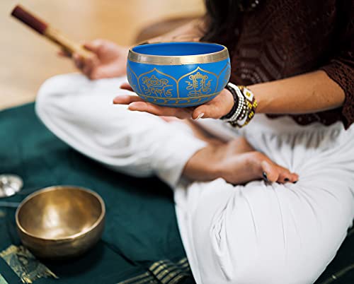 Medium ~ Tibetan 8 Lucky Symols Singing Bowl Set ~ With Mallet, Brocade Cushion & Carry Bag ~ For Meditation, Chakra Healing, Prayer, Yoga (Turquoise) - color: Turquoise