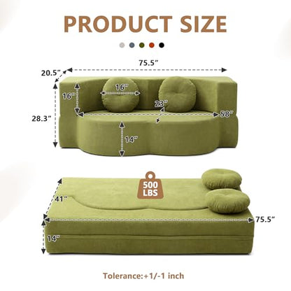 2-in-1 Folding Sofa Bed with Pillow, No Assembly Futon Twin Size Sofa Bed, Breathable Linen-Cotton Convertible Couch Bed for Living Room and Guest Room, 75.5 Inch,Green - color: Green-75.55", size: 2 seat