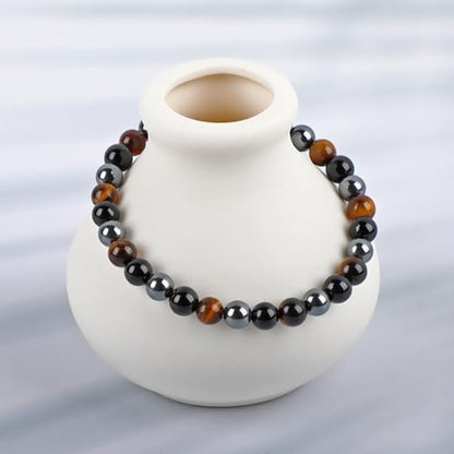 LPBeads Handmade Natural Gemstone Stretch Elastic Bracelet Healing Crystal Round Stone Beads Jewelry Gifts for Women Men - color: Onyx Tiger Hematite Mixed, size: 6mm