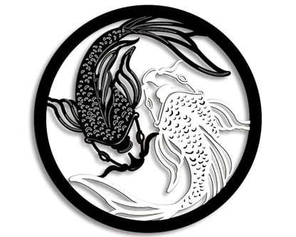Creoate Koi Fish Wooden Wall Art, Black and White Yin Yang Themed Zen Decor for Yoga Room Bathroom Living Room Farmhouse, 12x12 inches