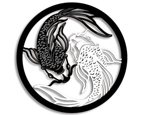 Creoate Koi Fish Wooden Wall Art, Black and White Yin Yang Themed Zen Decor for Yoga Room Bathroom Living Room Farmhouse, 12x12 inches