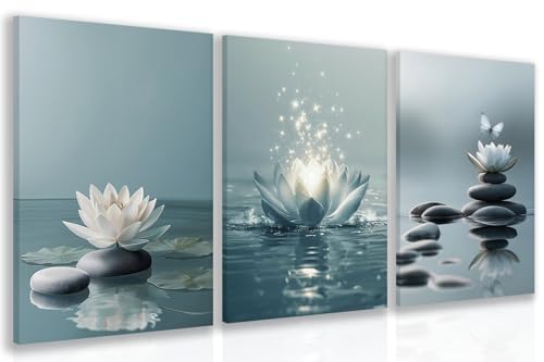 GELDSTEI Calm Zen Botanical Canvas Wall Art, White Lotus Blooming on Stones in Water Aesthetic Pictures, Yoga Spa Meditation Room Decor, Modern Spiritual Poster Prints for Zen Office Framed Set of 3, Each 16x24 Inch - color: Zen, size: 24"L x 16"W