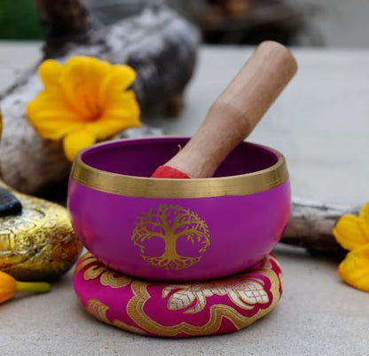 Tree Of Life Singing Bowl Complete Set ~ For Meditation, Yoga, Spiritual Healing and Mindfulness (Pink) - color: Pink