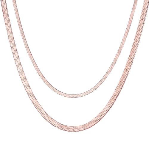 FOCALOOK 14K Gold Plated Necklaces for Women, Fashion Herringbone Choker Necklace Stainless Steel Flat Snake Chain 3/5MM(W) 12.5"/15"/18"+3.5"(L) - color: 5MM-15"&3MM-12.5" Layered-Rose Gold