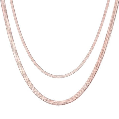 FOCALOOK 14K Gold Plated Necklaces for Women, Fashion Herringbone Choker Necklace Stainless Steel Flat Snake Chain 3/5MM(W) 12.5"/15"/18"+3.5"(L) - color: 5MM-15"&3MM-12.5" Layered-Rose Gold