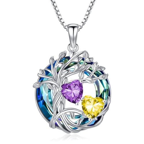 TOUPOP s925 Sterling Silver Family Celtic Tree of Life Pendant Necklaces with 2 Heart Birthstone with Blue Austrian Crystal Jewelry Birthday Valentines Day Gifts for Her, Anniversary Christmas Gifts for Wife Girlfriend Mom (18K Real White Gold Filled) - c
