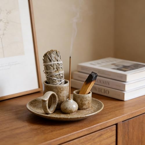 4.1-Inch 5-in-1 Ceramic Smudge Bowl-Versatile Incense Stick Holder and Smudging Dish for Palo Santo and Sage–Ideal for Zen Altar, Meditation,Yoga, and Aromatherapy–Easy to Clean Brown Design - color: Palo-incense-dish-brown