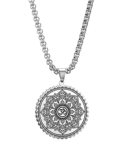 Om Symbol Lotus Necklace For Men Women Stainless Steel Chakra Meditation Necklace Lotus Om Symbol Pendant Necklace Viking Jewelry Healing Gift - color: silver