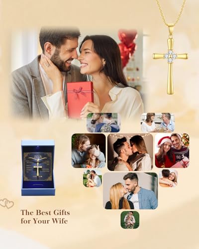 1CT Moissanite Cross Necklace for Women Wife, 18K Gold Filled or Sterling Silver Cross Pendant Chain Jewelry,Anniversary Birthday Gifts for Women Wife Her with LED Light-Up Gift Box and Gift Card - style: Gold-To My Lovely Wife Card
