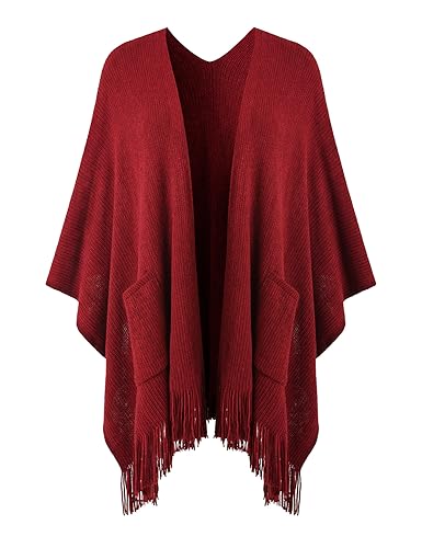 Ferand Shawl Wraps for Women, Cozy Lightweight Poncho Cape with Pockets, Warm for Fall Winter Travel - color: Burgundy