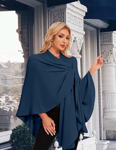 PULI Womens Elegant Cross Front Shawl Wraps Knitted Ponchos Cape Light Weight Poncho Sweater Soft Warm Travel Wraps - color: Dark Slate Blue