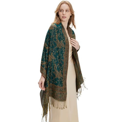 zero season Boho Paisley Pashmina Shawl Wrap Lightweight Scarf for Women, Silky Feel Bohemian Wrap for Travel & Daily Wear - color: Emerald Green