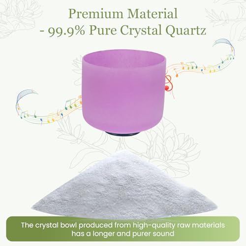 432HZ 8 Inchs B Note Purple Frosted Crystal Singing Bowl for Meditation Healing Yoga Chakra Quartz Crystal Sound Bowls with Heavy Duty Carry Case and Rubber Mallet,Suede Striker,O-ring