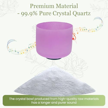 432HZ 8 Inchs B Note Purple Frosted Crystal Singing Bowl for Meditation Healing Yoga Chakra Quartz Crystal Sound Bowls with Heavy Duty Carry Case and Rubber Mallet,Suede Striker,O-ring
