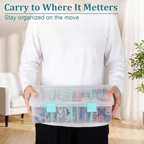 BTSKY Clear Plastic Dividing Storage Box with 4 Compartments Adjustable Storage Bin with Lid Plastic Craft Storage Container Multipurpose Sewing Box Art Supply Organizer, 13.3x8.1x3.4 Inches - size: 13.3x8.1x3.4 Inches-Clear