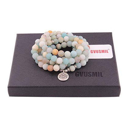 8mm 108 Mala Beads Wrap Bracelet Necklace for Yoga Charm Bracelet Natural Gemstone Jewelry for Women Men - color: Amazonite with lotus