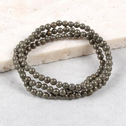 Justinstones Gem Semi Precious Gemstone 3pcs 4mm Round Beads Stretch Bracelet 6.5 Inch Unisex - color: Pyrite