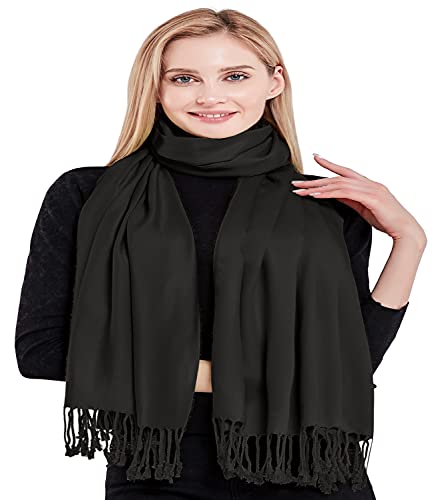 CJ Apparel Solid Color Tassels Design Nepalese Shawl Scarf Wrap Stole Throw Head Wrap Pashmina Gift Hand Made in Nepal New - color: Black